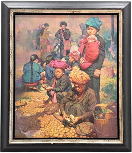 Large Chinese School Market Scene Signed Illegibly Oil Painting On Canvas: Oil on canvas 34 x 28 in, 44.5 x 38.5 in (framed). Domestic Flat Shipping Price: $260