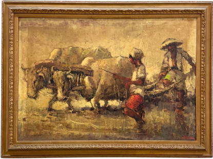 FRITZ LUCIEN OHL (1904-1976, Indonesian) Indonesian Farmers With Cattle: Oil on canvas 39 1/8 x 26 7/8 in, 46 1/8 x 34 1/8 in. Domestic Flat Shipping Price: $240
