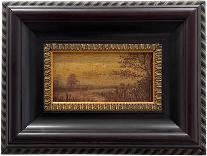 19th Century Small Hudson River School Landscape With Figures: Oil on panel 7 x 3 3/4 in, 13 1/4 x 10 in (framed). Domestic Flat Shipping Price: $45