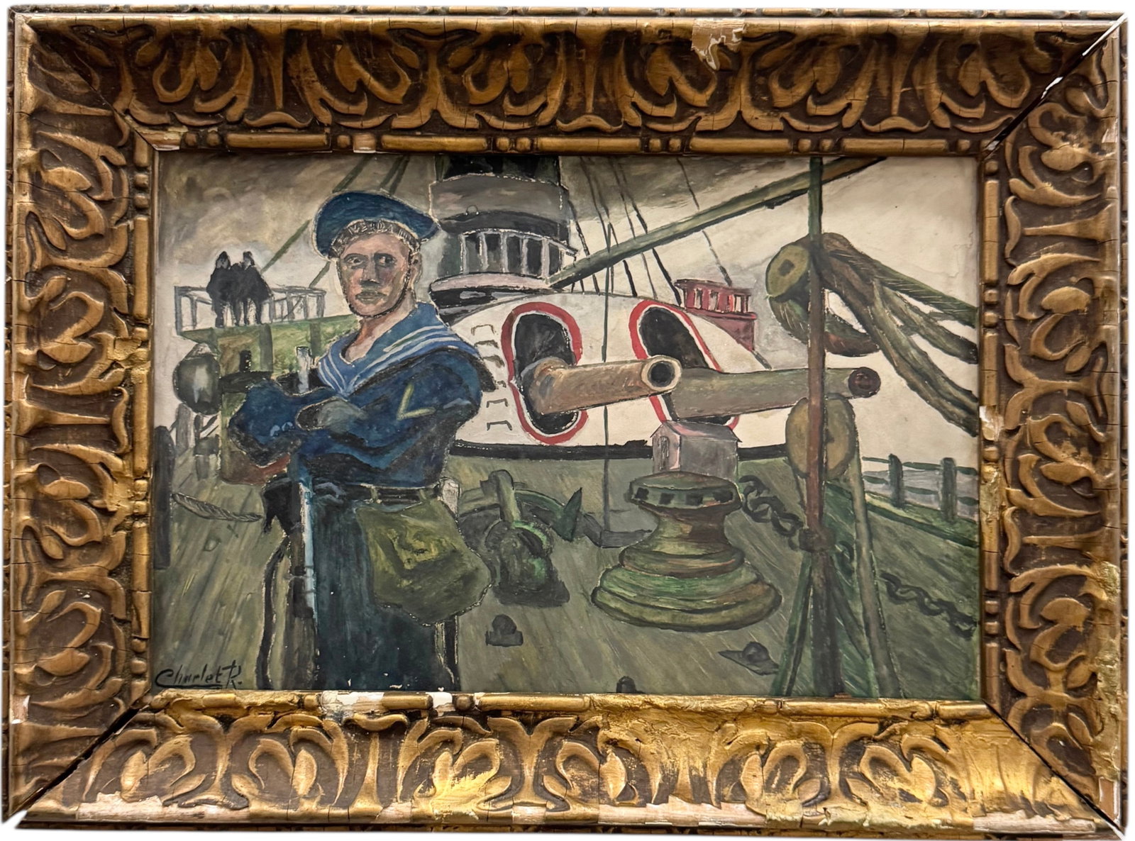 Early 20th Century WPA Style Battleship Painting With Handsome Man: Mixed media, gouache/watercolor/graphite/possibly some oil laid on board 15.5 x 10 in, 20 x 14.5 in (framed). Domestic Flat Shipping Price: $55