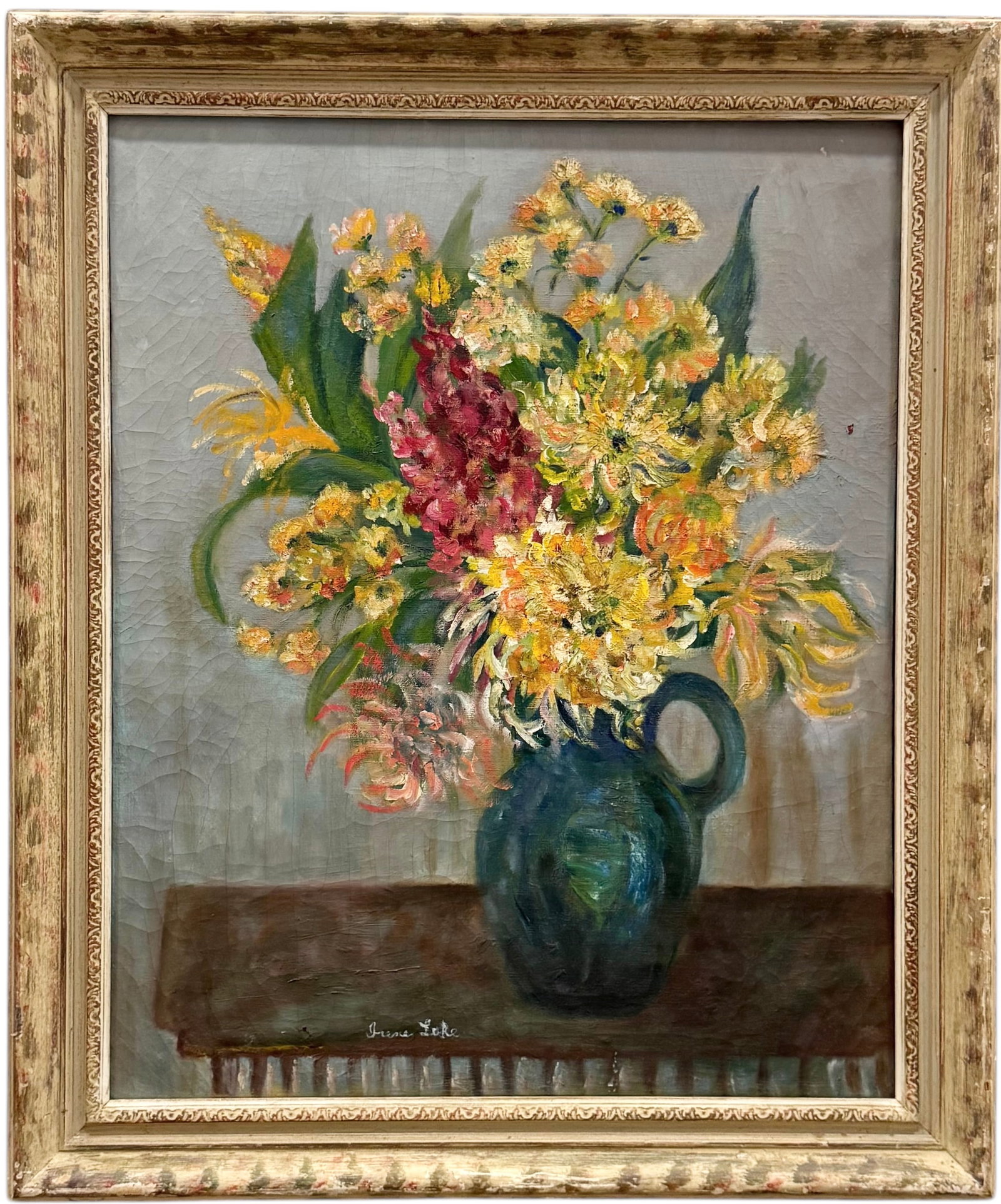 Vintage American School Still Life Of Flowers: Oil on canvas 30 x 24 in, 36 x 30 in (framed). Domestic Flat Shipping Price: $110