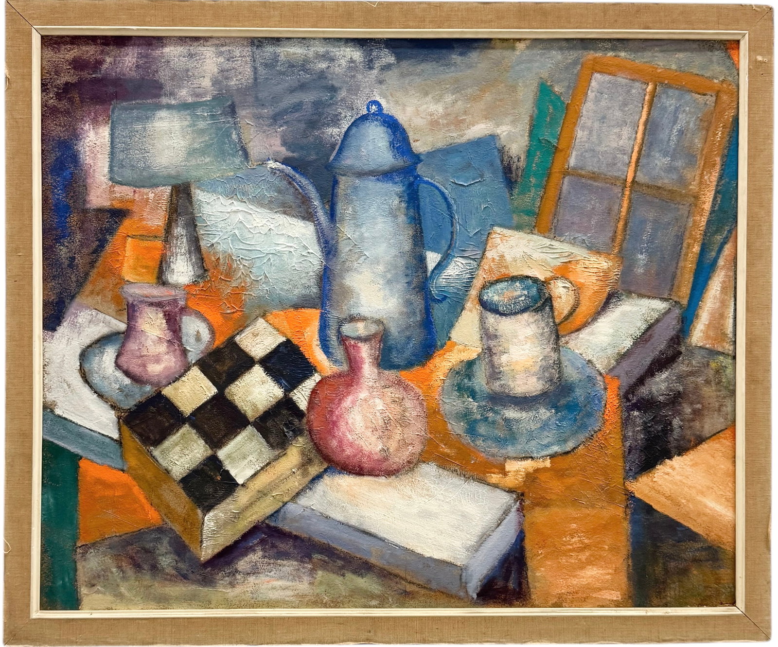 Large Vintage Modernist Still Life Faded Signature Oil Painting On Board: Oil on board 42.5 x 36 in (framed). Domestic Flat Shipping Price: $130