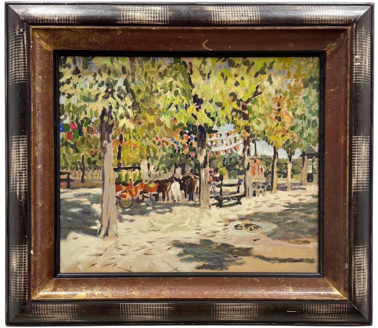 French School Street Scene With Horses & Buggy Oil Painting Attributed To Claude Marin (1 of 4)