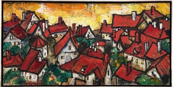 JONAS GERARD (20th c, American) Large Mid-Century Modern Village Scene