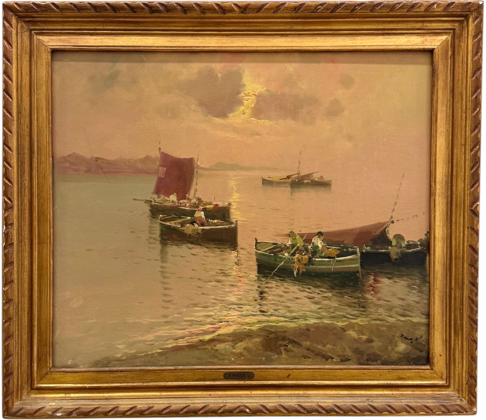 FRANCO PERGALL Italian Neapolitan Seascape: Oil 23 1/4 x 19 1/4 in, 29 3/4 x 25 3/4 in (framed). Domestic Flat Shipping Price: $80