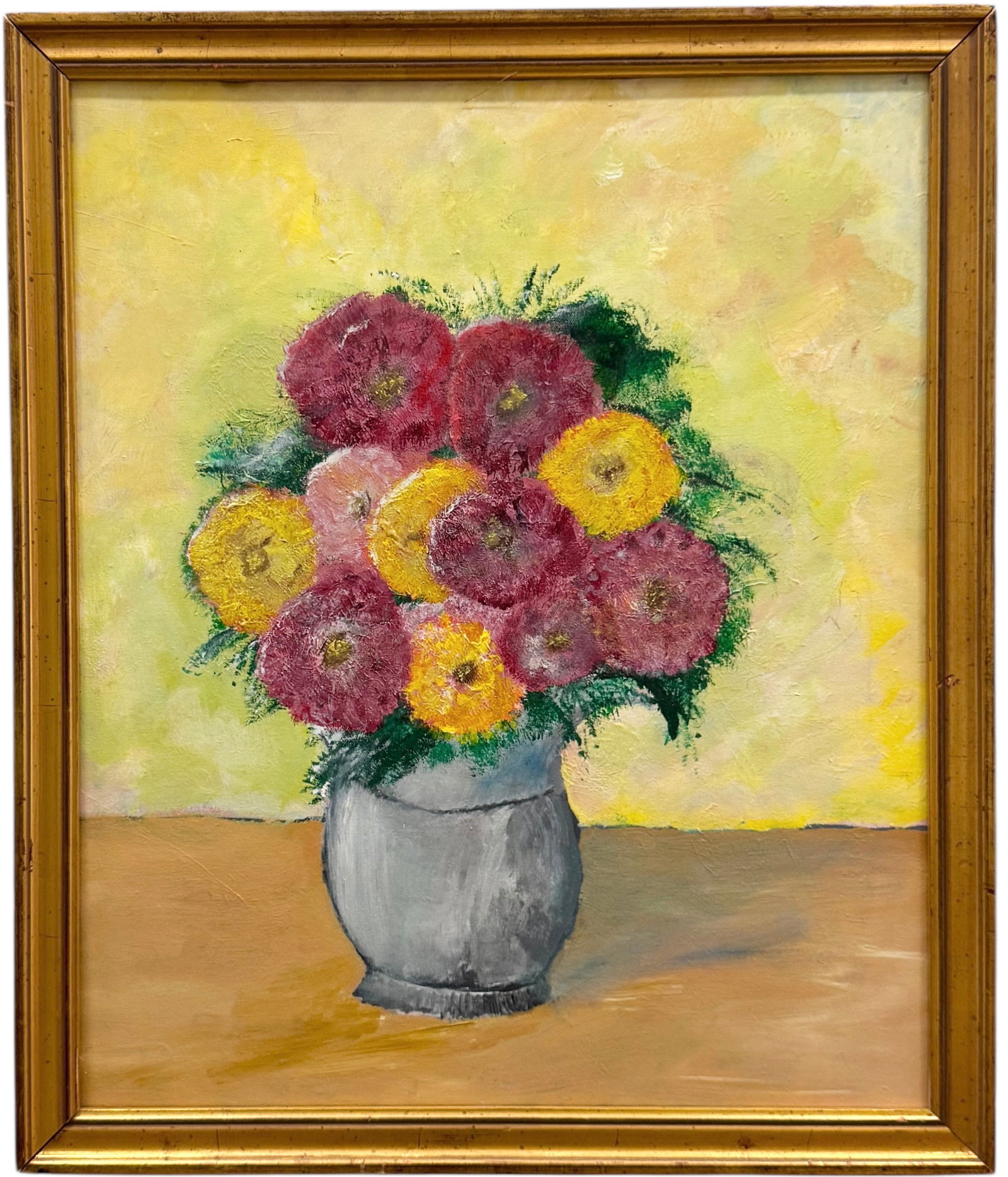 American Modernist Still Life Of Flowers: Oil painting on canvas 24 x 20 in, 26.5 x 22.5 in (framed). Domestic Flat Shipping Price: $80
