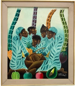 Vintage Haitian School Modernist Signed Oil Painting Of Figures On Board