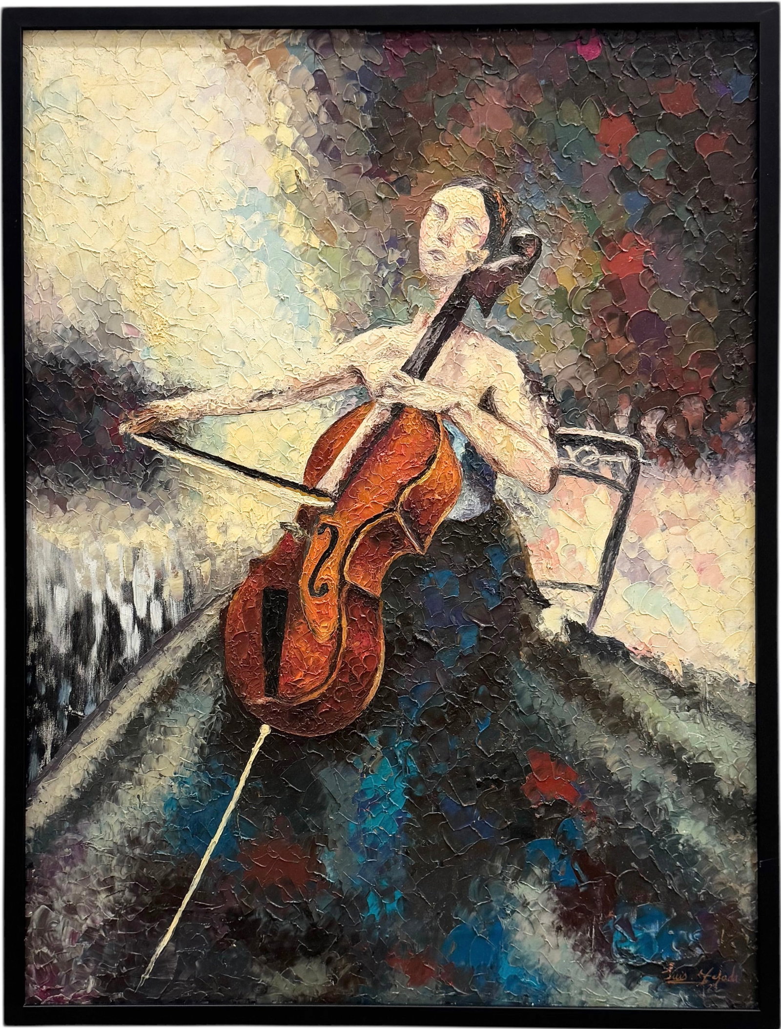 LUIS TEJADA (20th c, Dominican) "Violinista" Musical Abstract Painting: Oil on canvas 40 x 30 in, 41 x 31 in (framed). Domestic Flat Shipping Price: $110