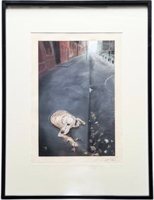 Contemporary Signed Mixed Media Street Scene With Dog
