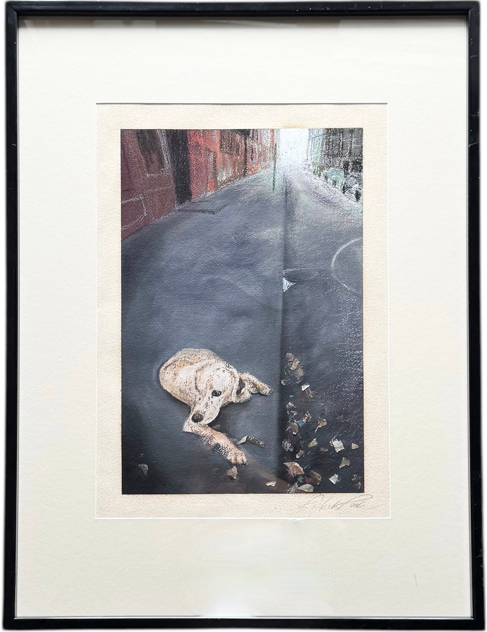 Contemporary Signed Mixed Media Street Scene With Dog: 21 x 14 in (image), 35.5 x 27 in. Domestic Flat Shipping Price: $120