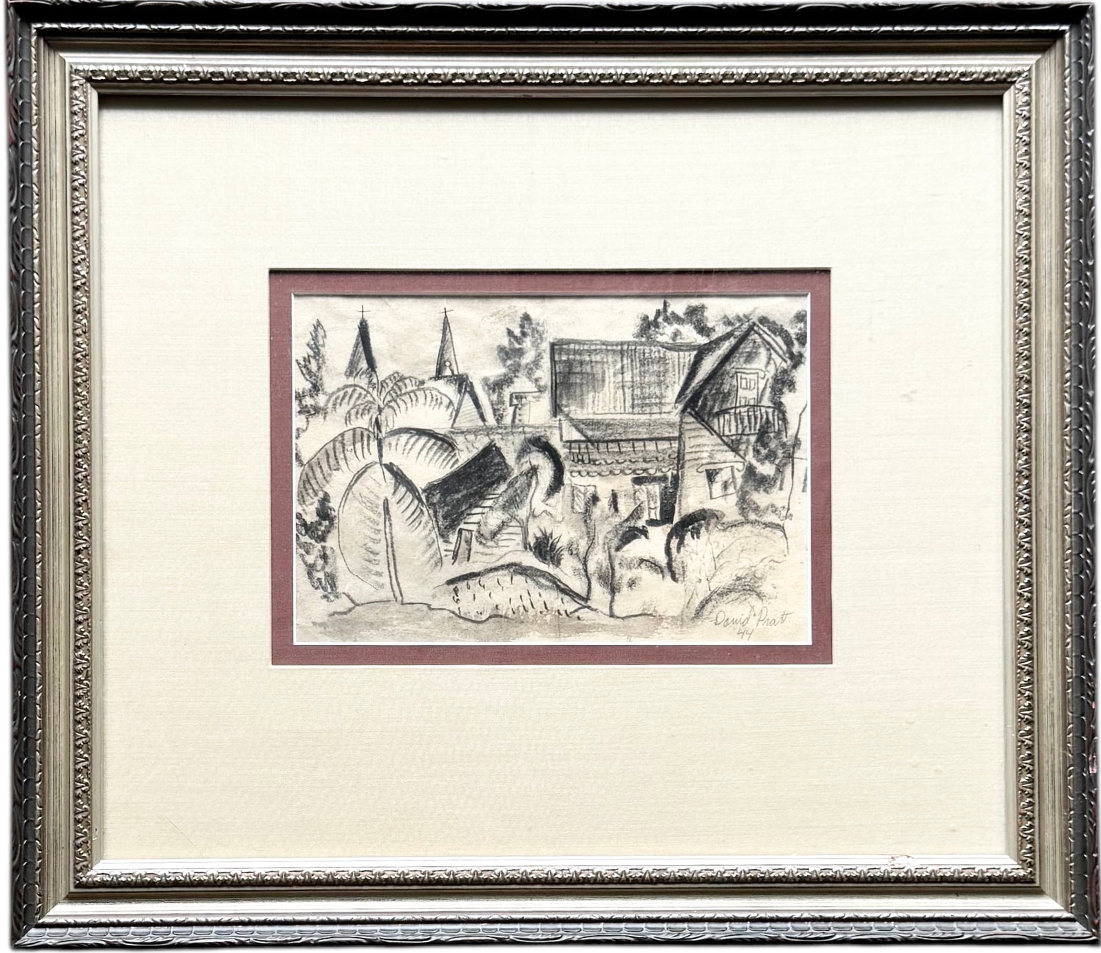 DAVID FOSTER PRATT (1918-2010, American) Philippine Village 1944: Charcoal on paper 8 1/4 x 5 3/4 in (image), 18 x 16 in (framed). Domestic Flat Shipping Price: $65