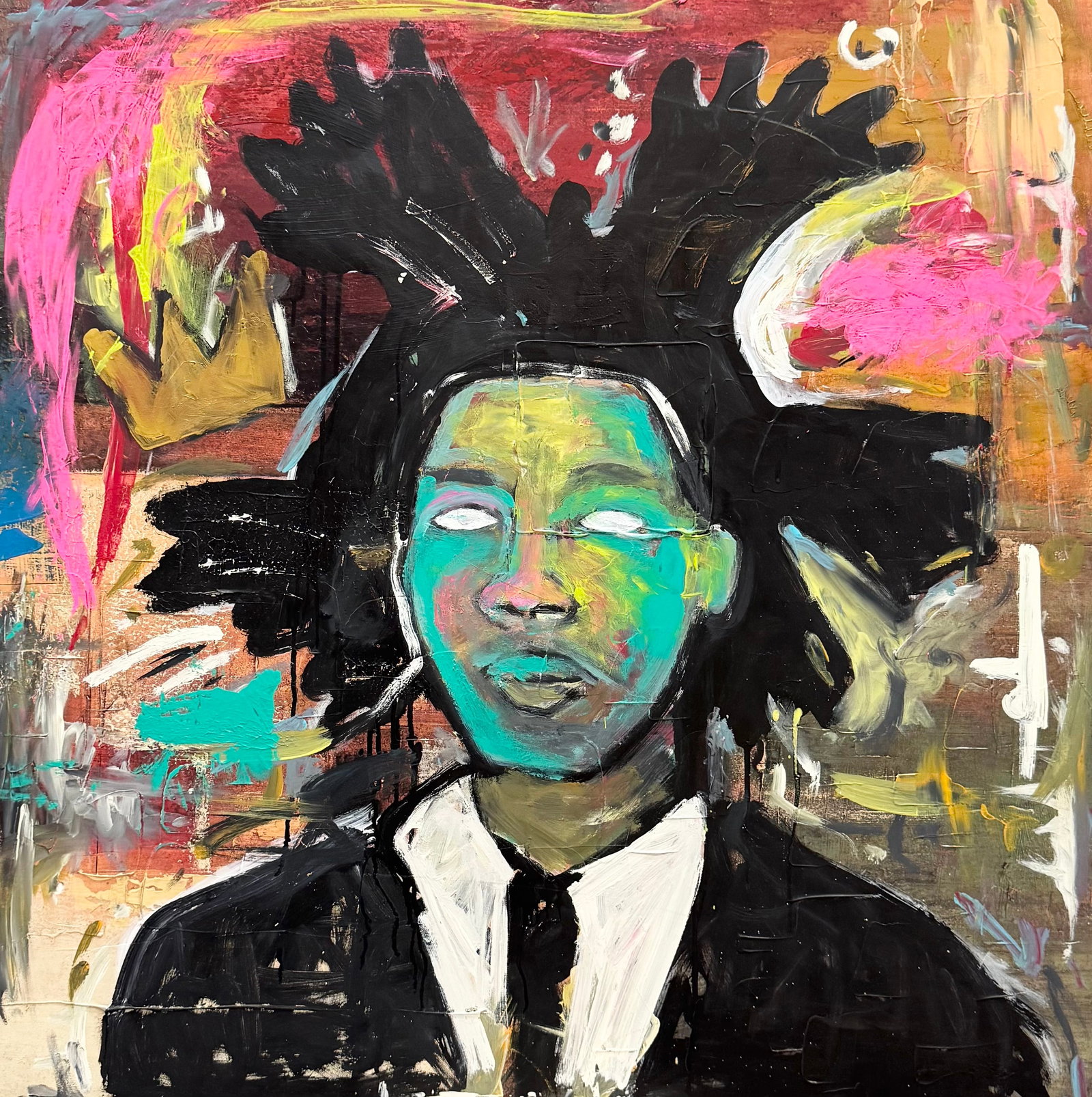 Contemporary Basquiat Abstract Pop Art Portrait Painting: Acrylic on canvas 35.5 x 35.5 in. Domestic Flat Shipping Price: $120