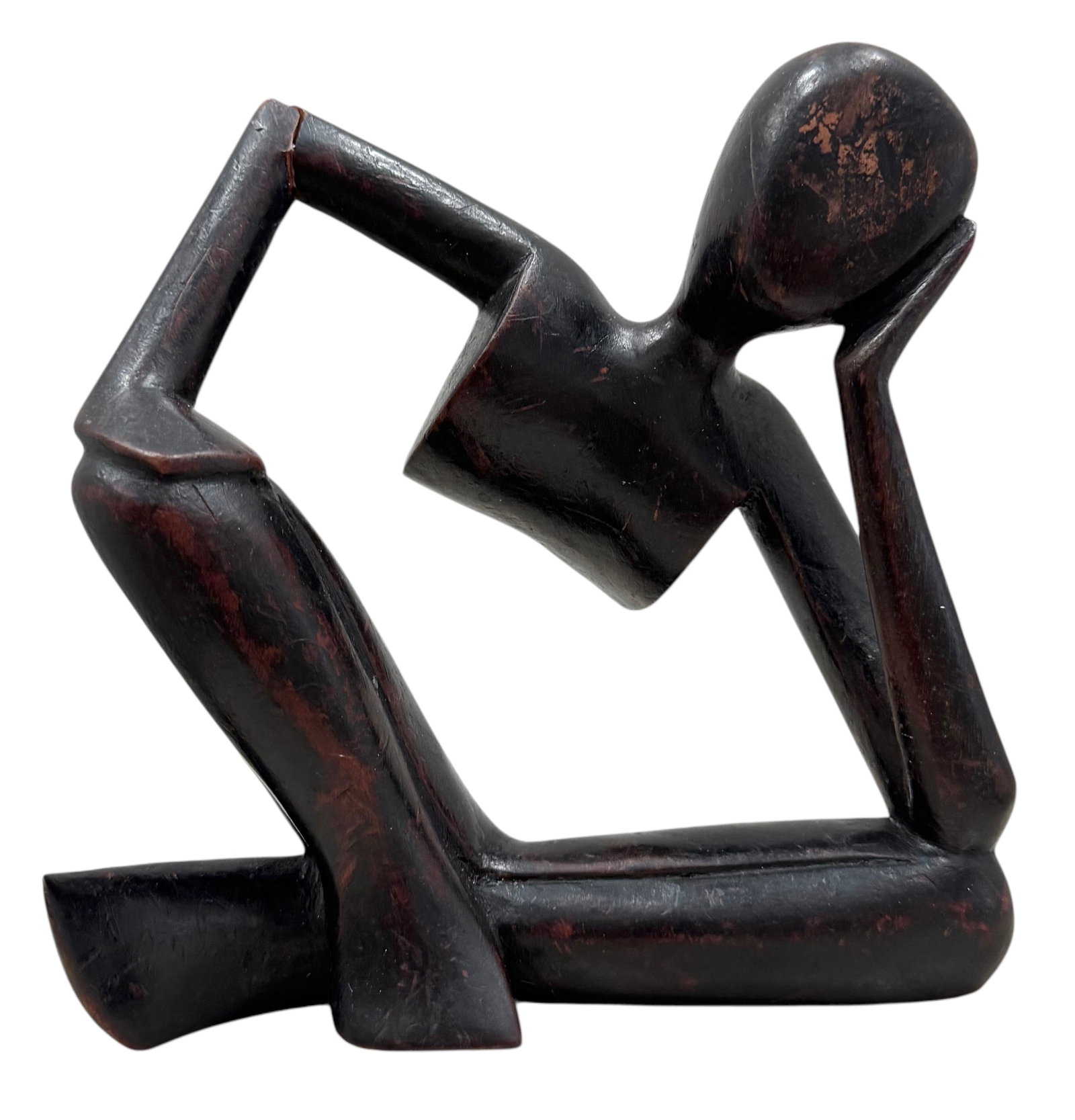 Mid-Century Modernist Carved Wood Thinker Sculpture: 3 x 6.5 in. Domestic Flat Shipping Price: $35