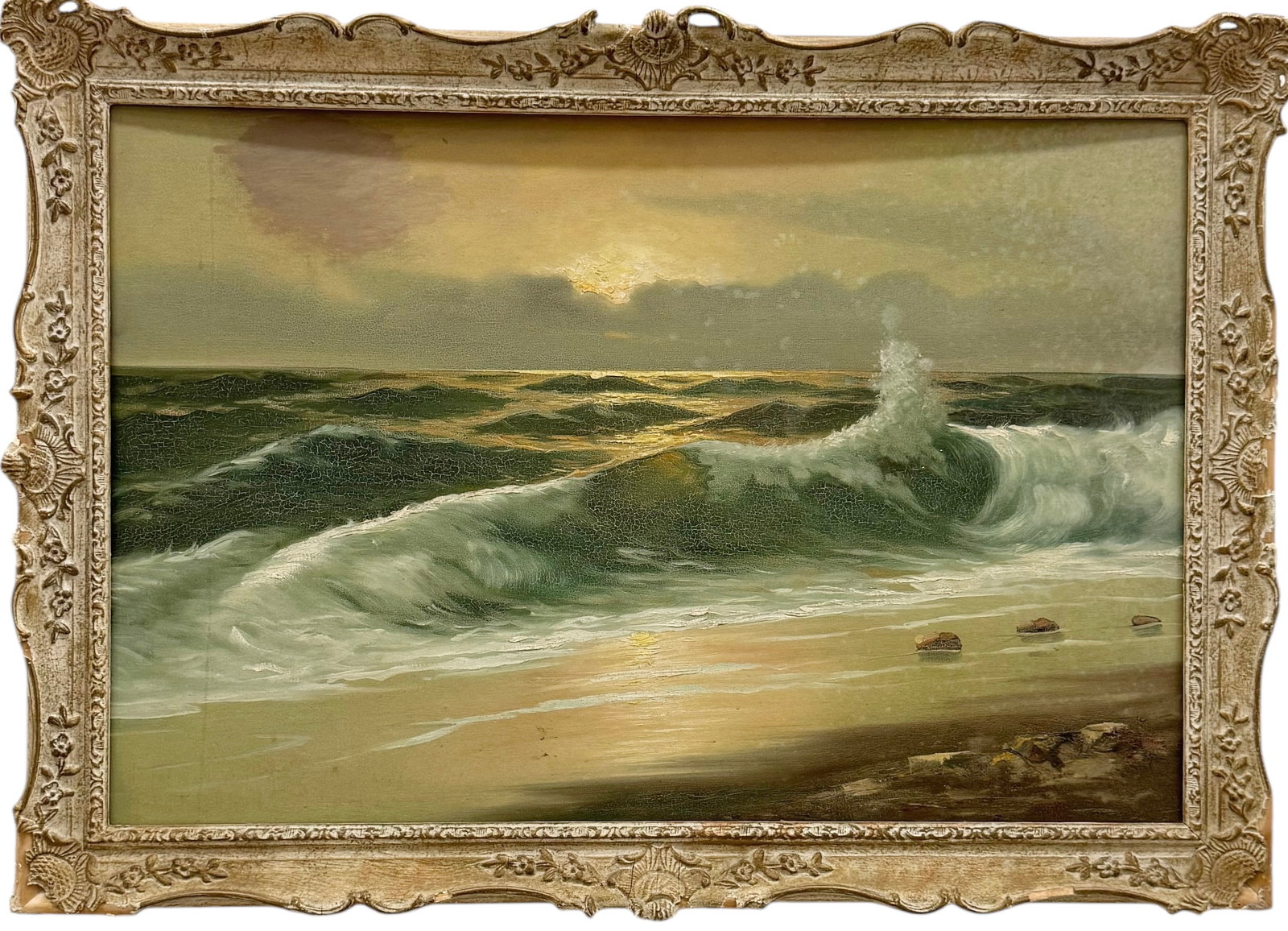 Vintage American School Luminist Seascape Oil Painting On Board: Oil on board 36 x 24 in, 41 x 29 in (framed). Domestic Flat Shipping Price: $110