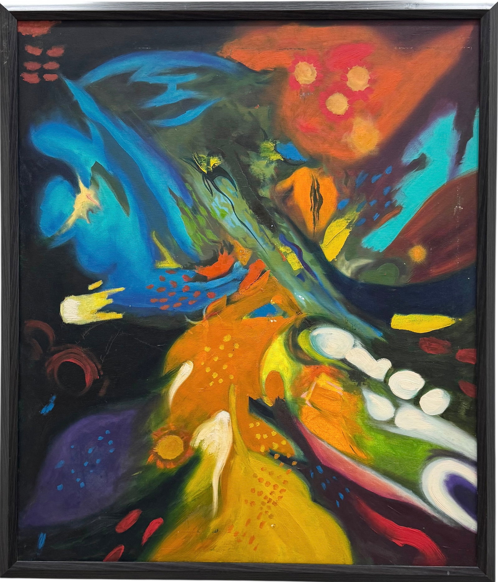 Vintage Latin American School Colorful Abstract Oil On Canvas Painting: Oil on canvas 39 x 33.5 in, 41.5 x 36 in (framed)