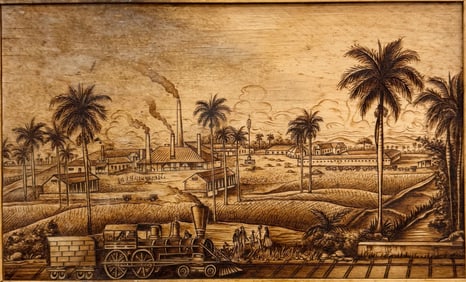 Vintage Cuban School Etched Wood Village Scene