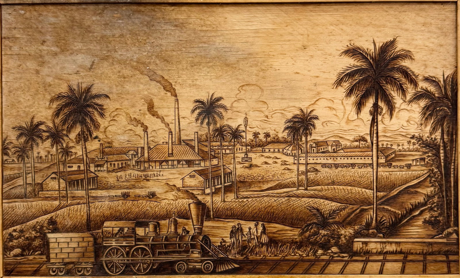 Vintage Cuban School Etched Wood Village Scene: 15.5 x 9 in. Domestic Flat Shipping Price: $45
