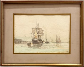 Frederick Tordoff, Englis School Seascape Nautical Watercolor With Ships In Harbor