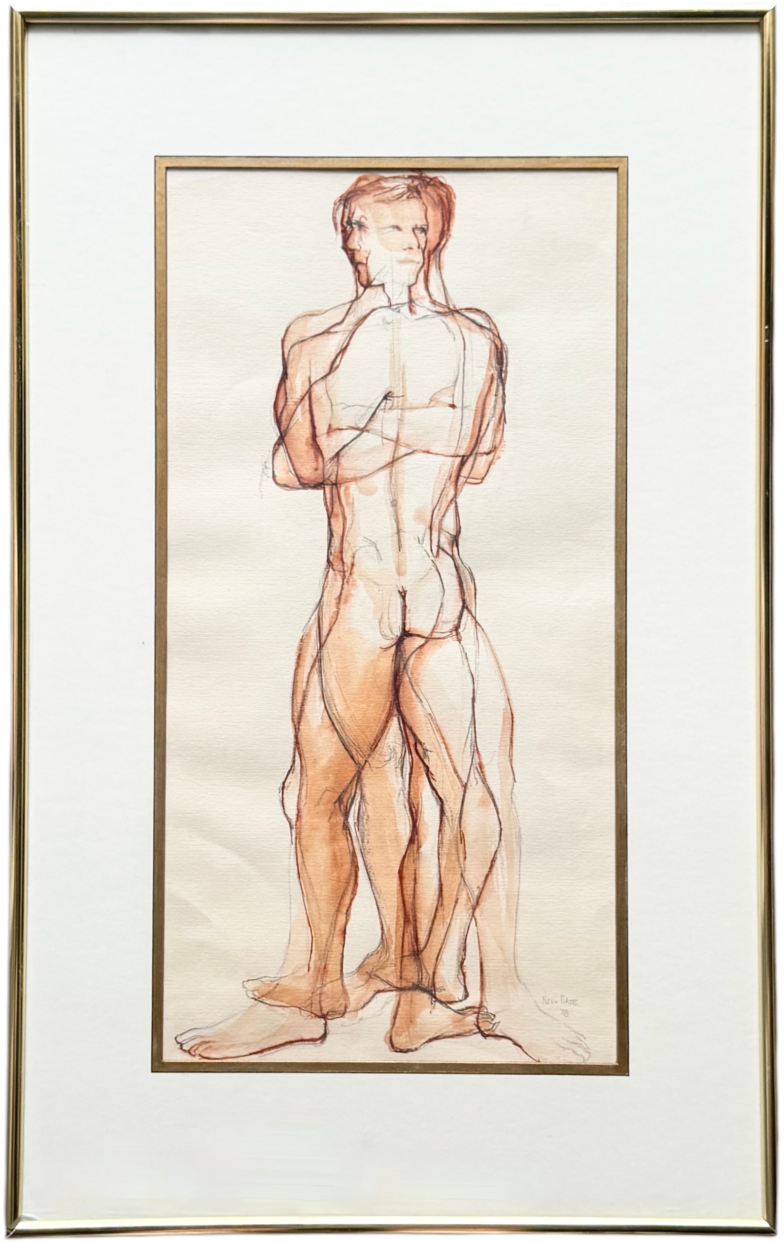 NEEL CHARLES LESLIE BATE (1916-1989, American) "Turn, Turn, Turn", Male Nude: Graphite and watercolor on paper 17 1/2 x 8 3/4 in, 24 x 15 in (framed). Artist is known for LGBTQ, gay art. Domestic Flat Shipping Price: $90