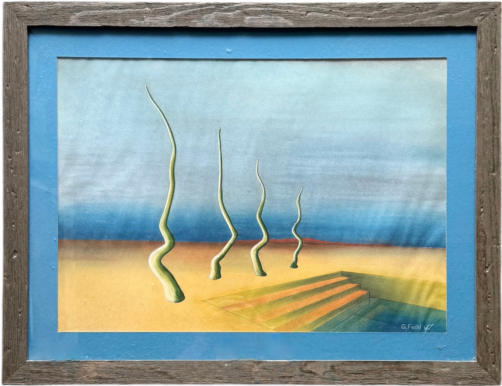 1940's Surrealist Landscape Watercolor Signed G. Fiehl: Size 26 x 20 in. Domestic Flat Shipping Price: $80