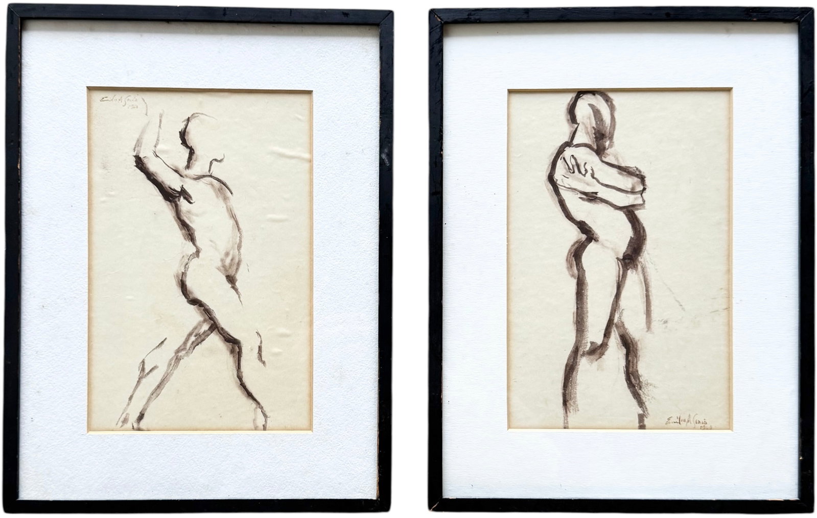 EMILIO A SERIO (1930-2015, American) Pair Of Male Nude Watercolors: 8.5 x 5.5 in, 12.5 x 9.5 in (framed). Domestic Flat Shipping Price: $80