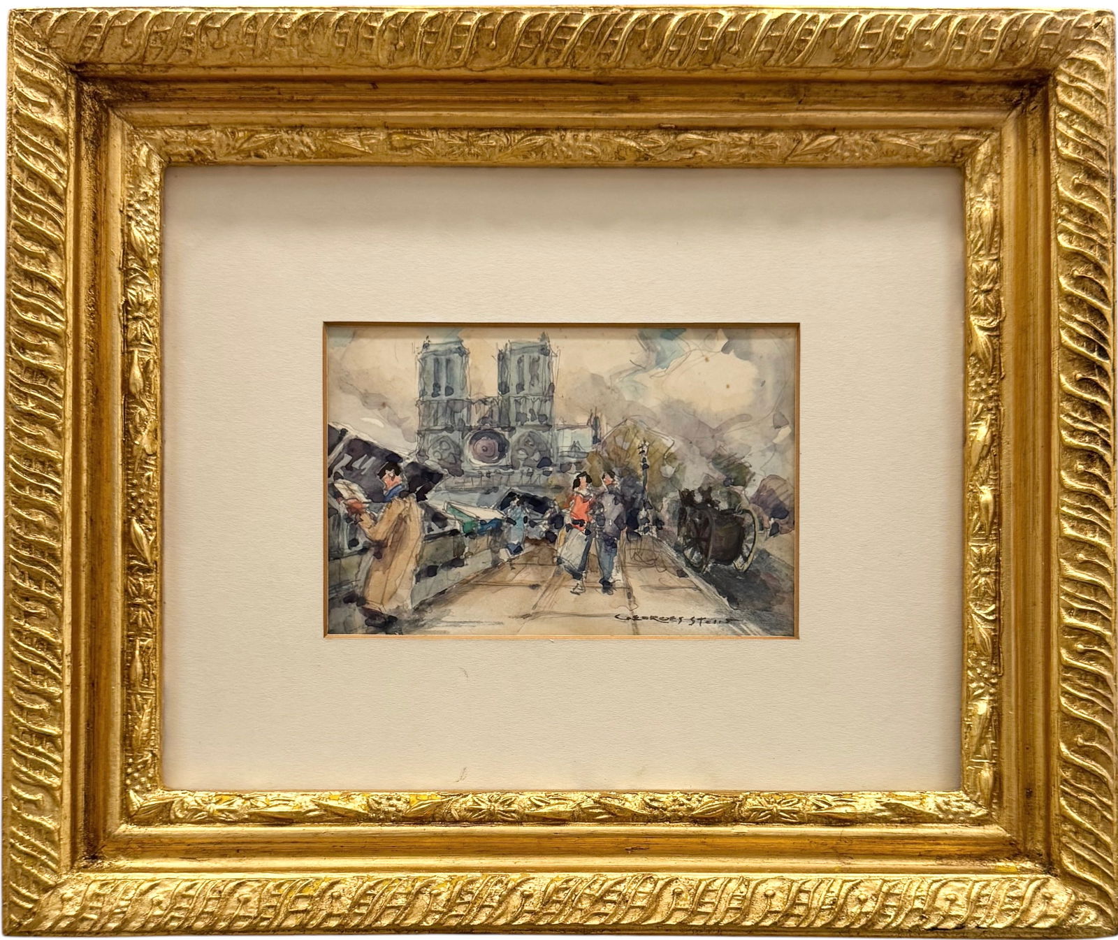 GEORGES STEIN French Impressionist Watercolor, Street Scene, Notre Dame Cathedral