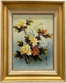 Mid-Century Oriental Floral Oil Painting Of Flowers Signed