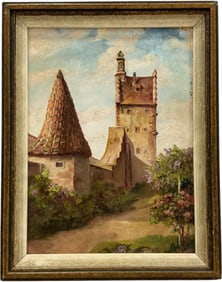 Early 20th Century German School Muhlfeld Medieval Townscape Signed Oil On Board
