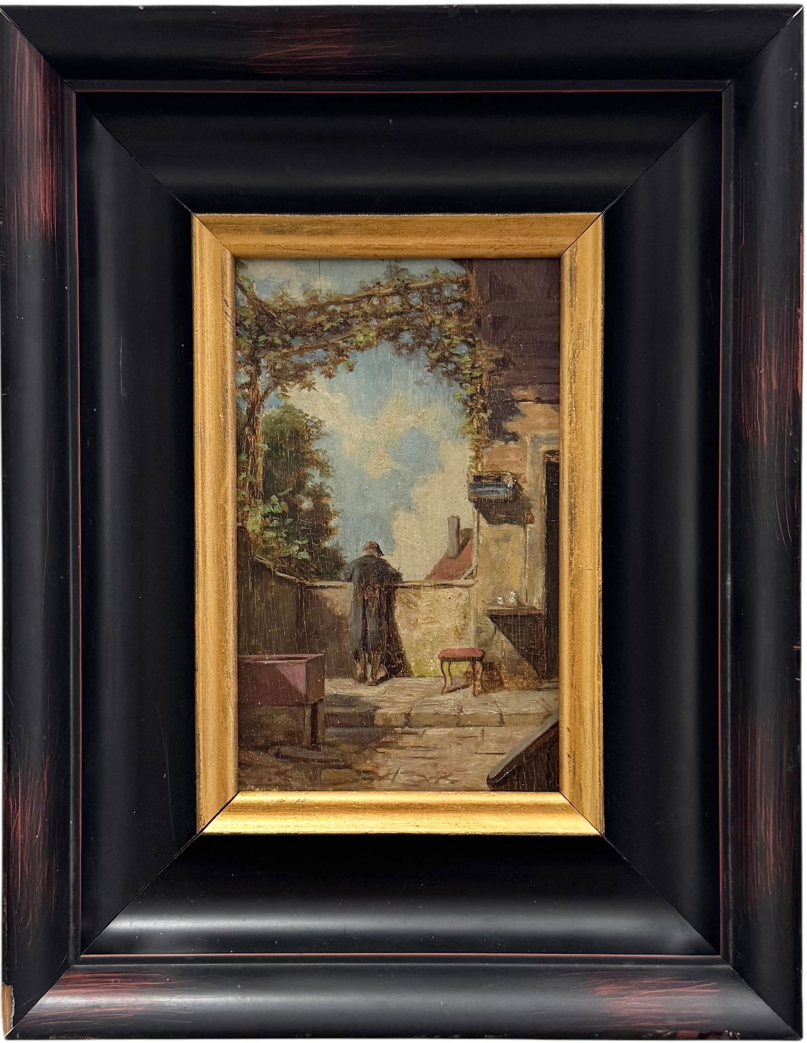 19th Century German School, Gentleman on the Terrace Oil Painting On Wood Panel: Oil on wood 8 x 5 in, 13 x 10 in (framed). Domestic Flat Shipping Price: $55