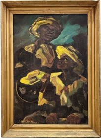 Modernist Double Portrait Of Black Musicians Signed Illegibly Oil Painting