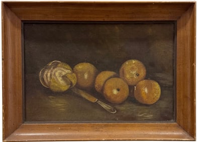 19th Century American School Still Life Of Lemons With Knife Oil On Canvas
