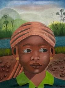 Haitian Portrait Of A Young Boy Oil On Canvas Painting