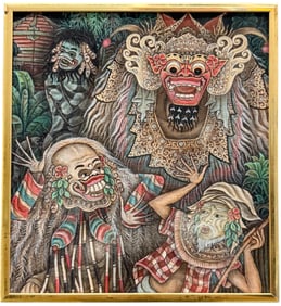 Ubud Balinese Indonesian Folk Art Oil Painting Signed Verso