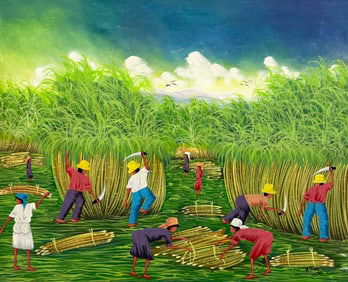 Haitian School Sugar Cane Field Workers Signed Oil Painting On Canvas