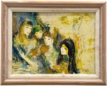 Mid-Century American School Figural Modern Abstract With Signed Oil Painting On Board