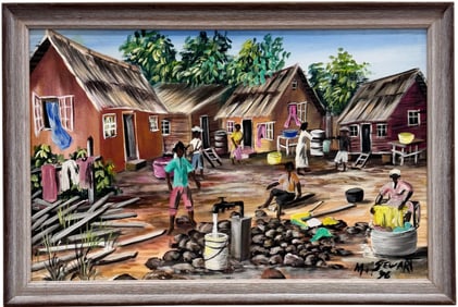 Haitian School Village Scene Signed Oil On Canvas Painting