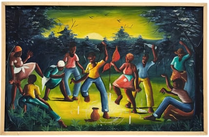 Vintage Haitian School Voodoo Dance Signed Oil On Board Painting
