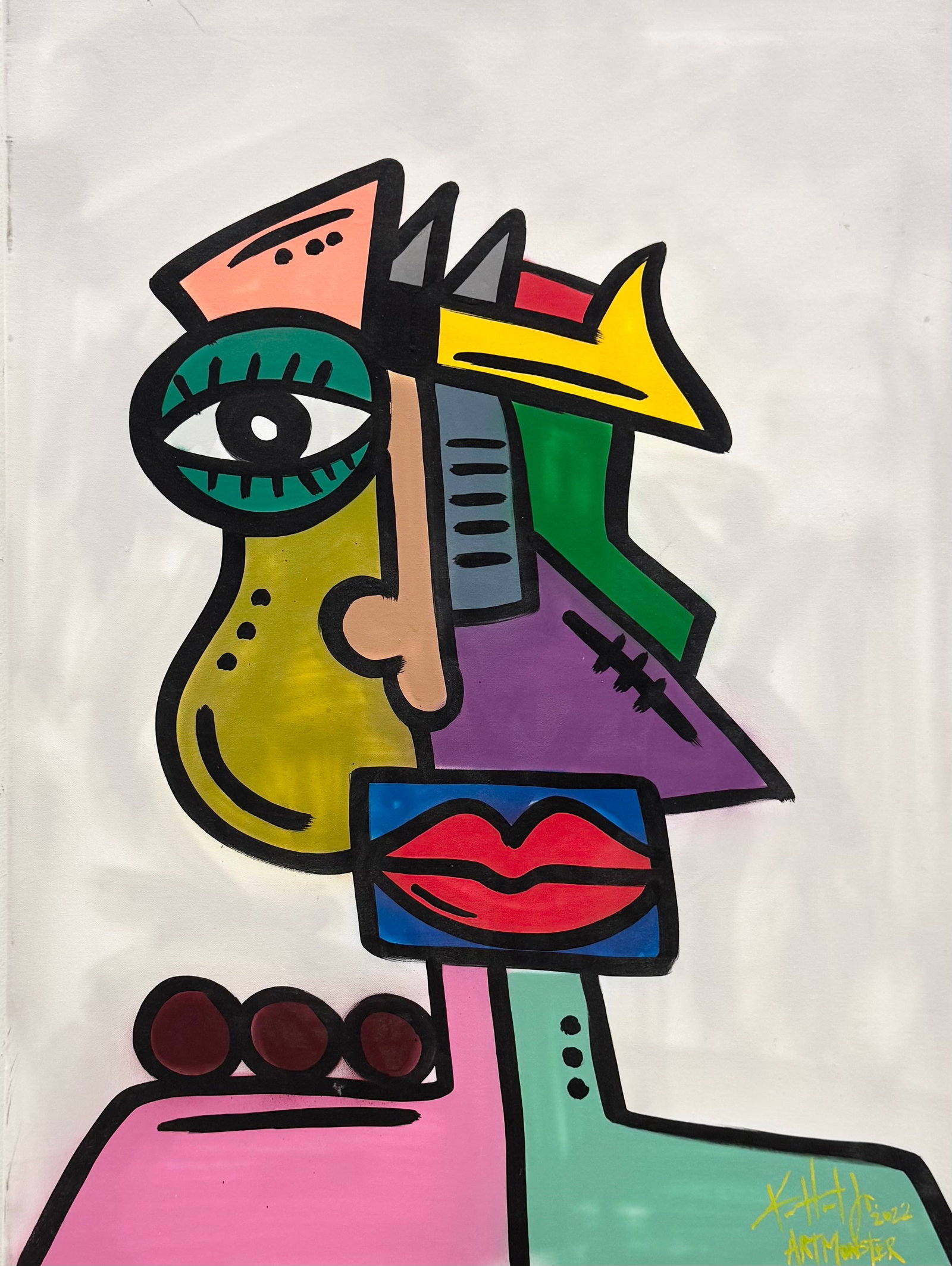 Art Monster Kenneth Hunt, Florida Artist Large Cubist Abstract: Oil on canvas 40 x 30 in. Domestic Flat Shipping Price: $110
