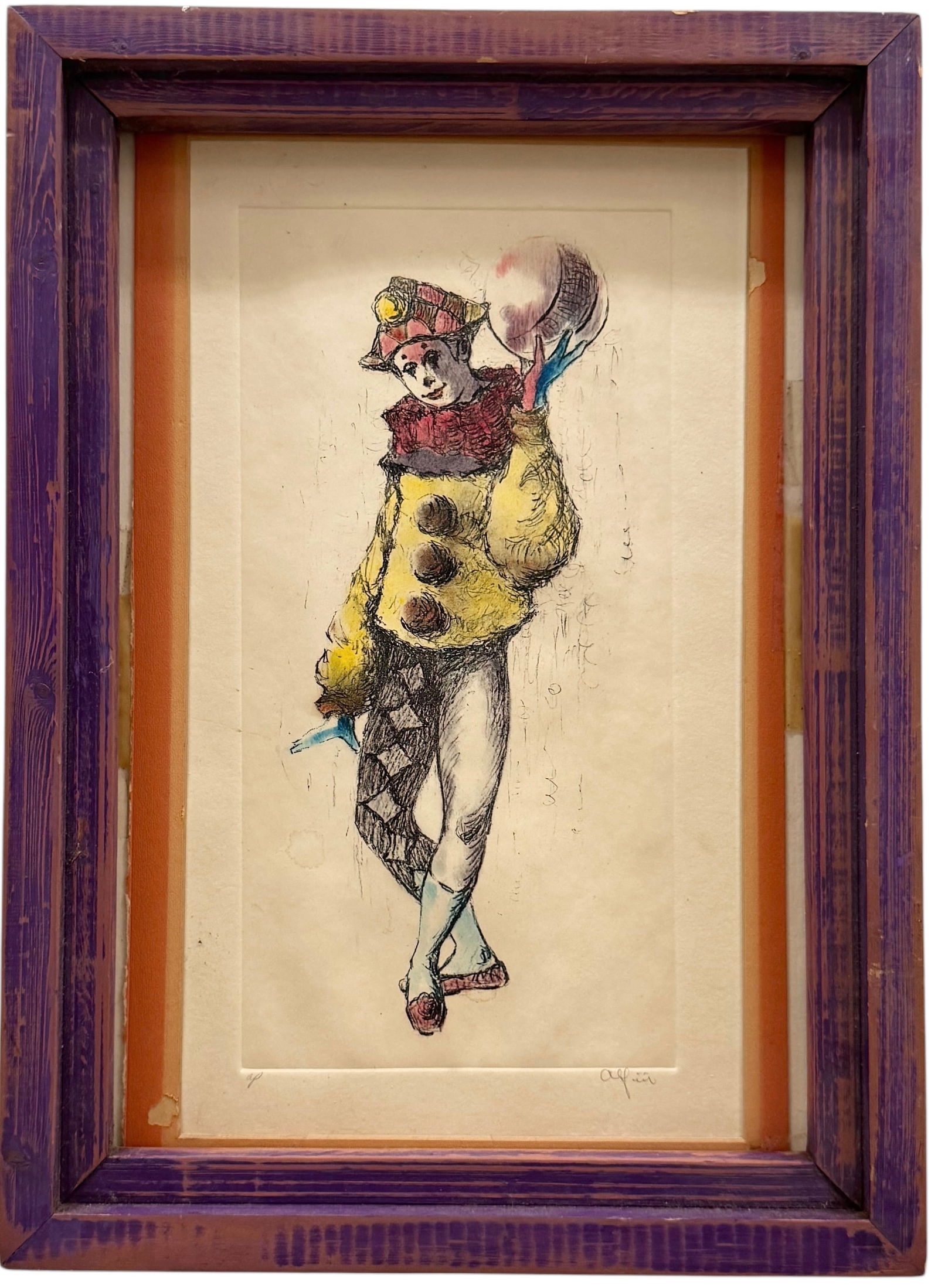 Nicely Framed Philippe Alfieri, Pencil Signed Clown Etching (1 of 4)