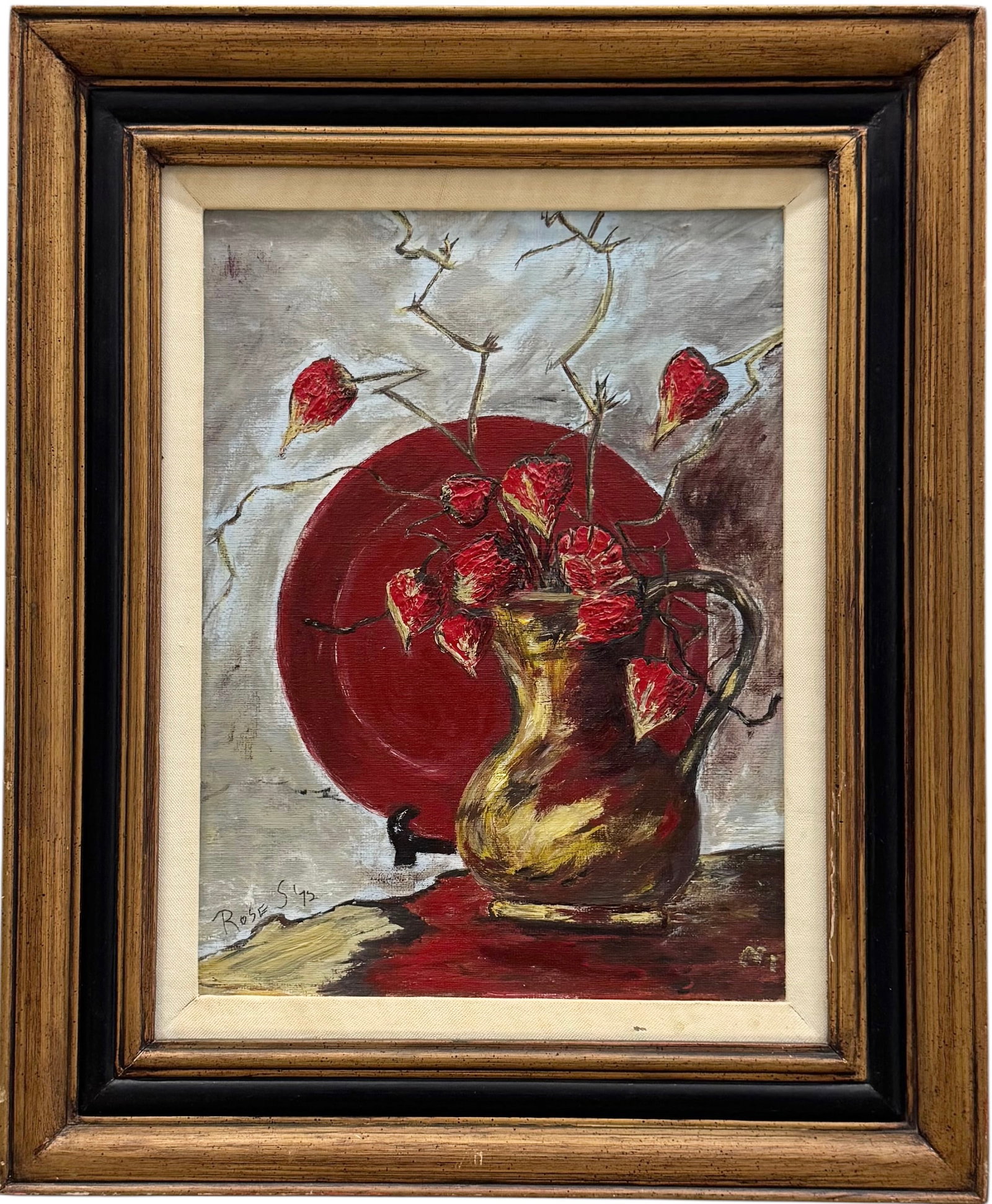 Mid-Century 1070's American School Modernist Still Life Of Flowers Signed Oil Painting: Oil on canvas 12 x 16 in, 23 x 19 in (framed). Domestic Flat Shipping Price: $60