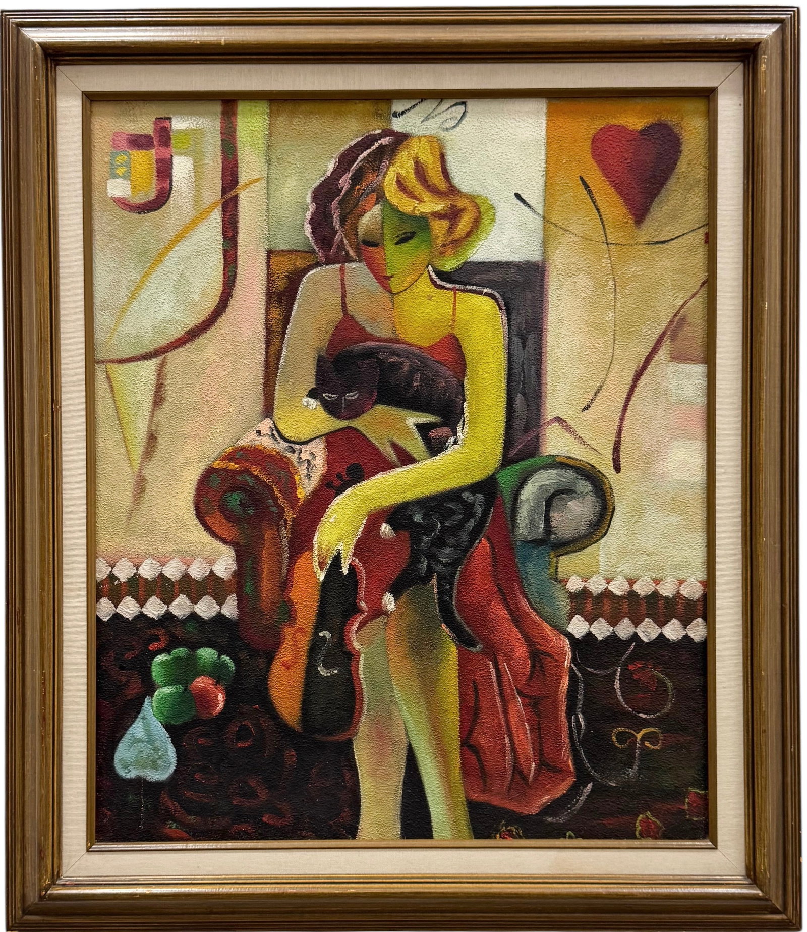 Modernist Oil Painting On Canvas Of A Woman & A Cat: Oil on canvas 24 x 20 in, 29.5 x 25.5 in (framed). Domestic Flat Shipping Price: $80