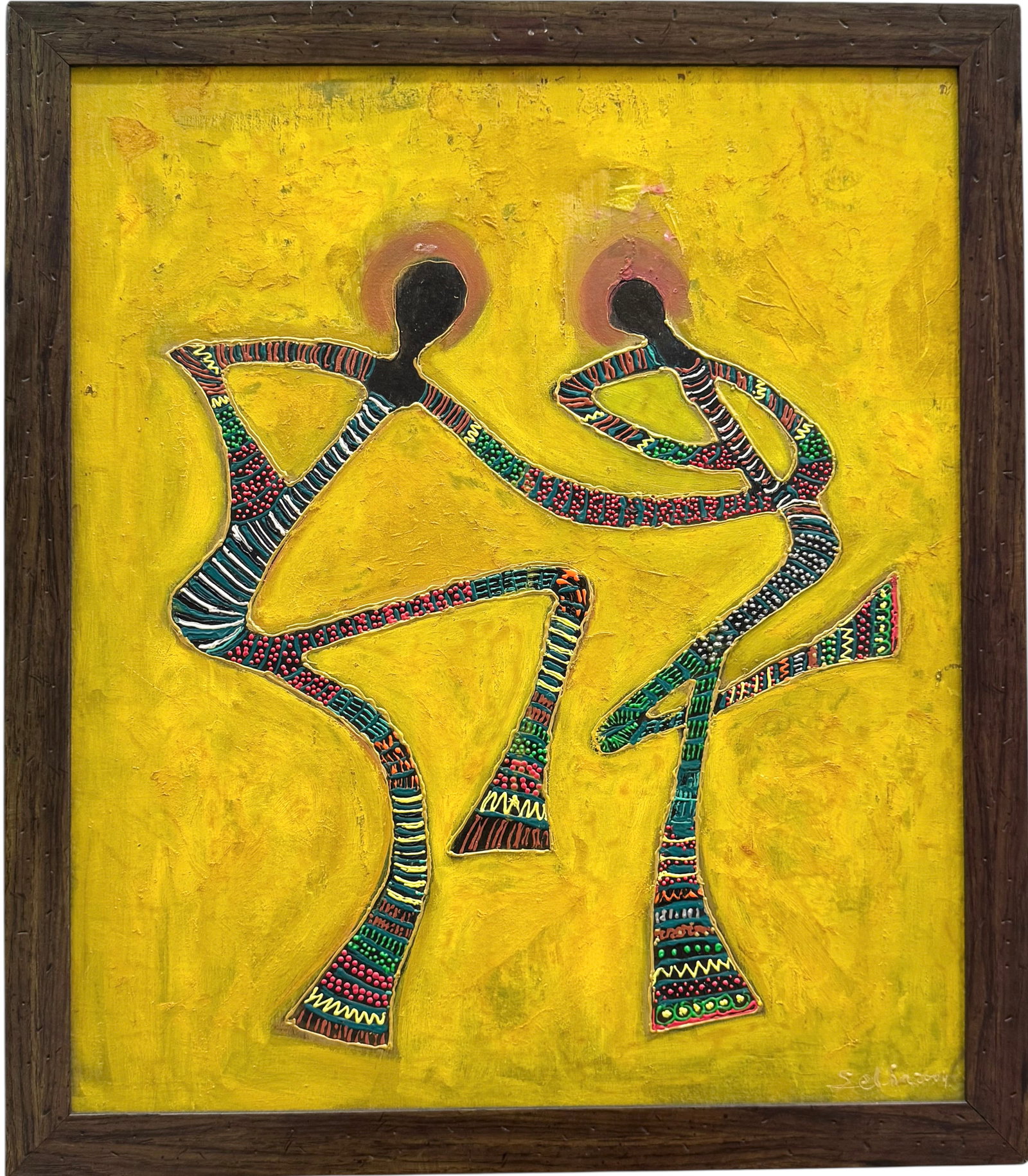 Nicely Framed Tribal Painting Of Dancers Signed Acrylic On Canvas Painting: 30.5 x 26.5 in (framed). Domestic Flat Shipping Price: $80