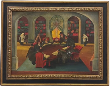 Jewish School, Early 20th Century Judaica Rabbis Studying Oil On Canvas Nicely Framed