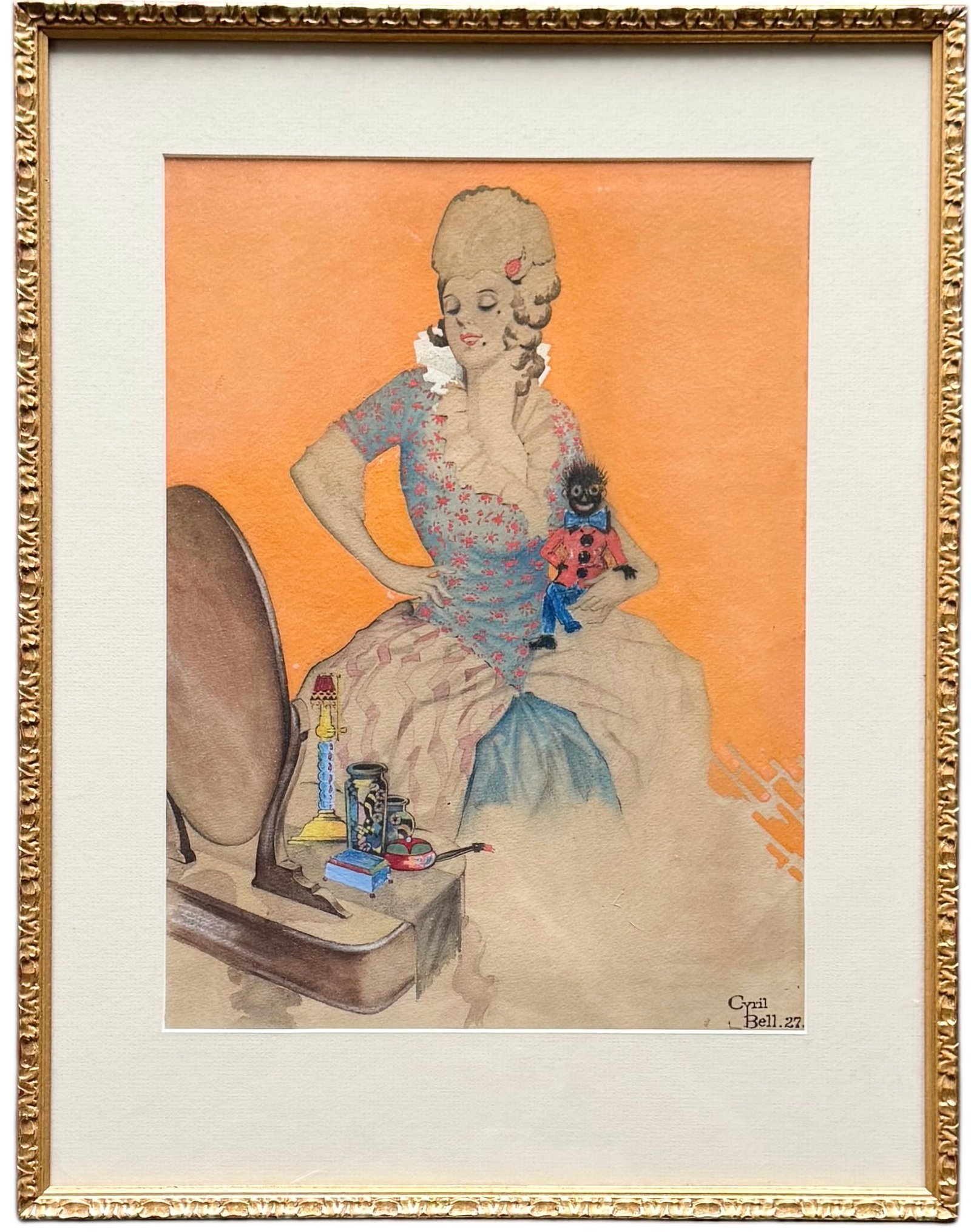 FREDERICK CYRIL BELL (20th c, American) Portrait Of Woman With A Doll: Mixed media on paper 13.5 x 10 in, 18 3/4 x 14 3/4 in (framed). In-House Domestic Flat Shipping Price: $55