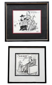 Paul Szep (20th c, Canadian) Pair Of Framed Cartoonist Ink Drawing Illustrations