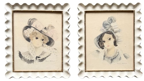 RENEE MARCON (20th c, French) Pair Of Vintage Watercolor Portraits Of Women