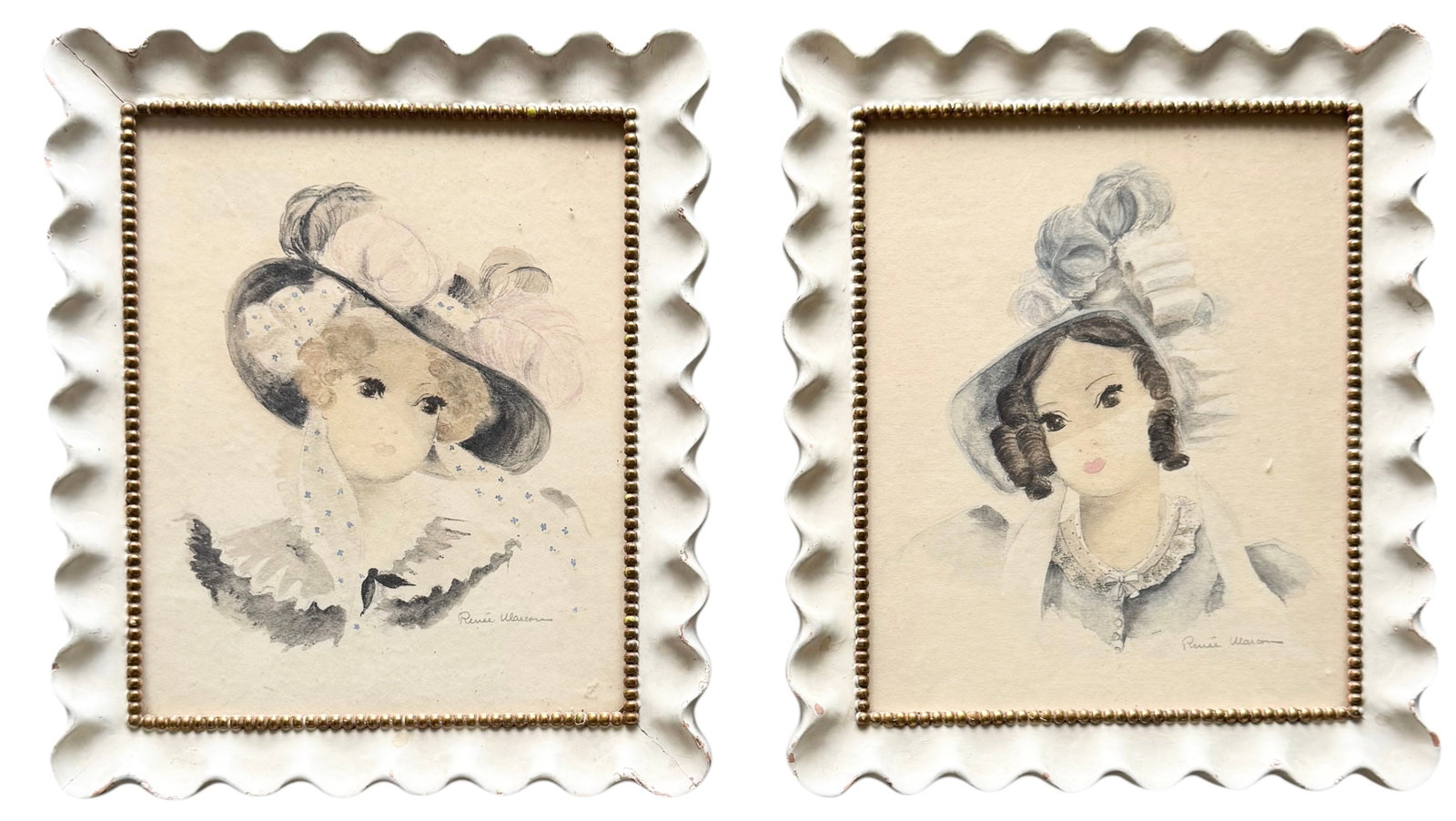 RENEE MARCON (20th c, French) Pair Of Vintage Watercolor Portraits Of Women: Matching hand pained wood frames 14 x 12 in. In house Domestic Flat Shipping Price: $60