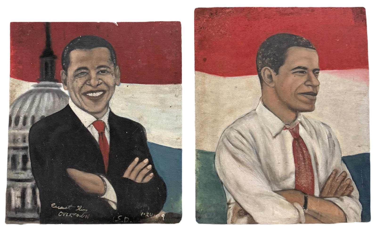 Earnest King, Miami Self Taught Street Artist Black Art President Obama Portraits: Oil on masonite 30 x 25 in, 28 x 25 in. Domestic Flat Shipping Price: $90