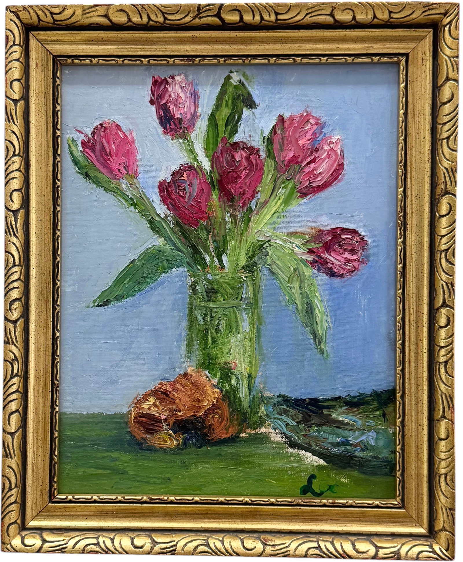 American School Modernist Still Life Of Flowers: Oil on canvas 14 x 11 in, 16.5 x 13.5 in (framed). Domestic Flat Shipping Price: $55