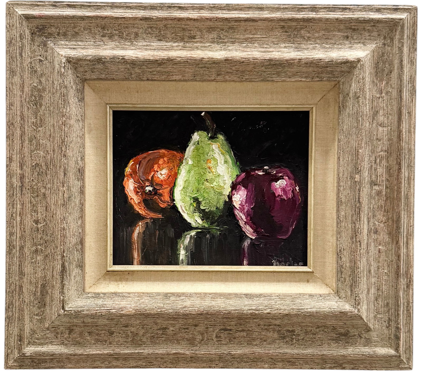 Nicely Framed American School Still Life With Fruit Signed Oil On Board: Oil on board 8 x 10 in, 17 x 19 in (framed). Domestic Flat Shipping Price: $55